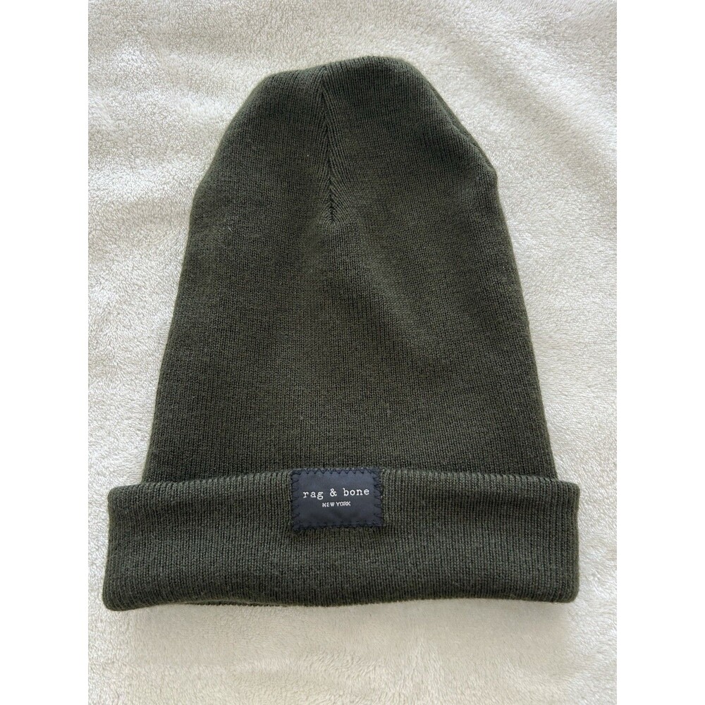 Rag & Bone Beanie Ribbed Wool Blend Skater Army Green Addison Logo Winter Hat